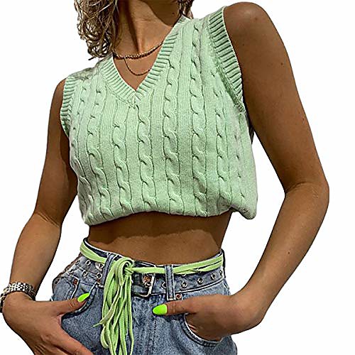 

women sweater vest knitted v neck y2k argyle preppy style tank top plaid 90s e-girls crop top knitwear streetwear (d-solid green, s)