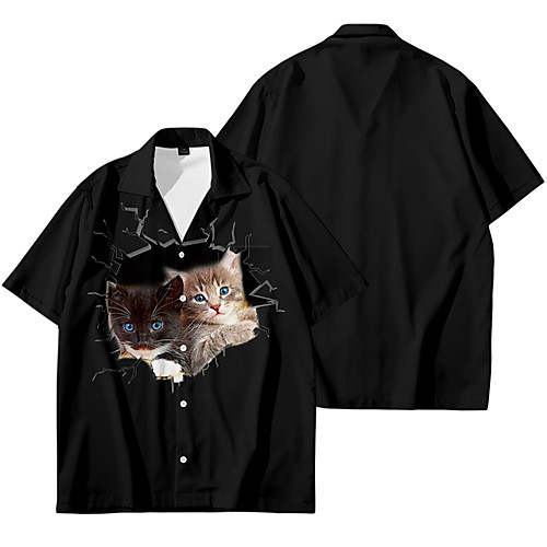 

Men's Shirt 3D Print Cat Animal Button-Down 3D Print Short Sleeve Daily Tops Casual Fashion Hawaiian Black