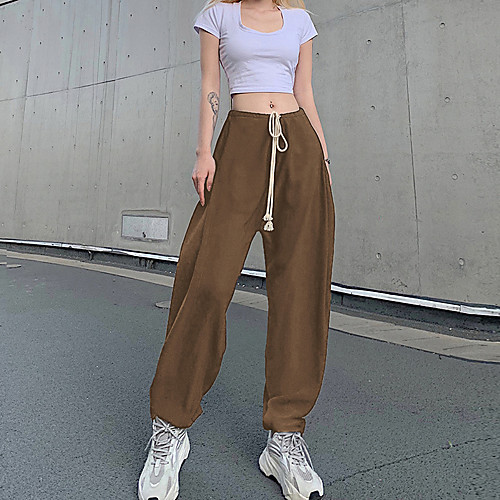 

Women's Stylish Streetwear Comfort Casual Daily Chinos Pants Plain Full Length Drawstring Pocket Black Khaki