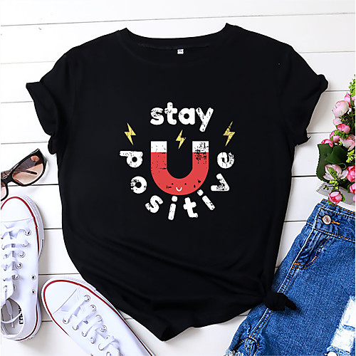 

Women's T shirt Graphic Letter Print Round Neck Tops 100% Cotton Basic Basic Top Black Blue Red