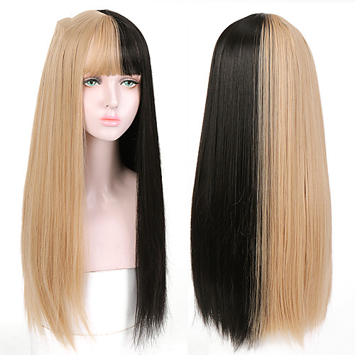 

Long Straight Black to Blonde Ombre Wigs with Bangs for Girls Heat Resistant Synthetic Fashion Cosplsy Party Wigs