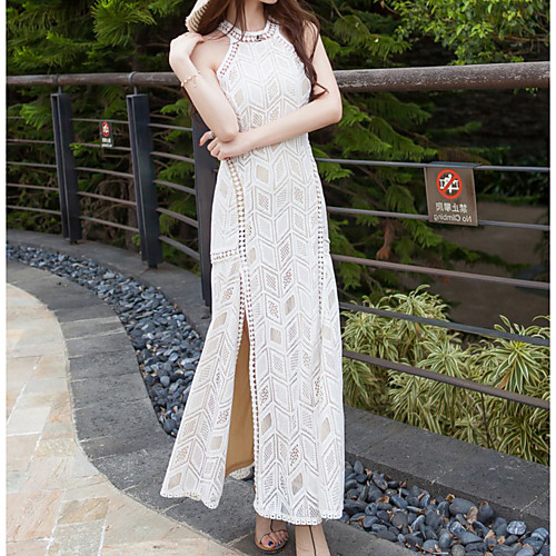 

Sheath / Column Sexy Boho Holiday Prom Dress Halter Neck Sleeveless Ankle Length Lace with Split 2021