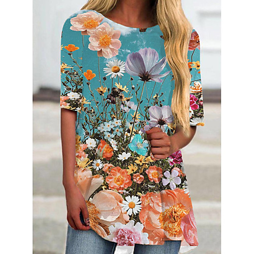 

Women's T Shirt Dress Tee Dress Short Mini Dress Blue Khaki Rainbow Short Sleeve Floral Print Spring Summer Round Neck Casual 2021 S M L XL XXL 3XL