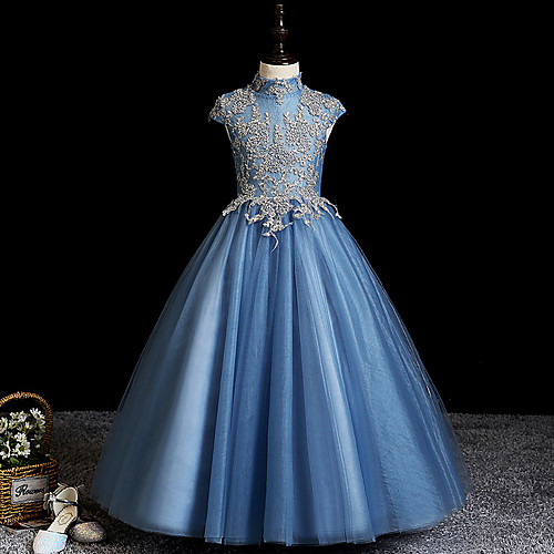 

Princess / Ball Gown Floor Length Wedding / Party Flower Girl Dresses - Lace / Tulle Cap Sleeve High Neck with Appliques