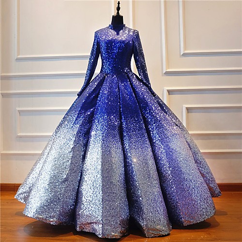 

Ball Gown Luxurious Sparkle Quinceanera Prom Dress Halter Neck Long Sleeve Floor Length Sequined with Pleats Sequin 2021