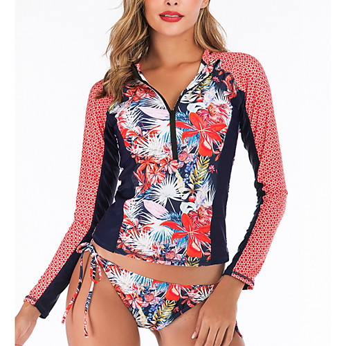 

Women's Rash Guard Diving Swimsuit Zipper Slim Color Block Floral Red Swimwear Padded Bodysuit High Neck Bathing Suits New Fashion Sexy