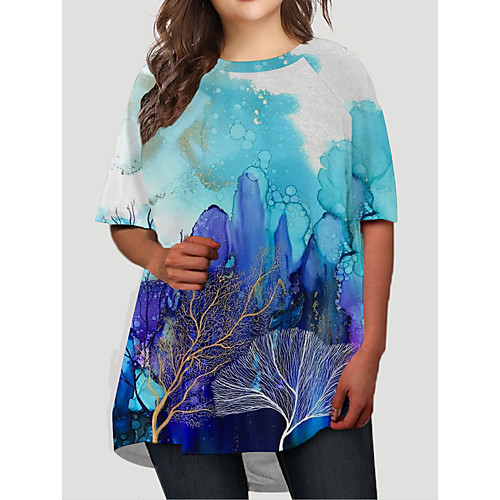 

Women's Plus Size Dresses T Shirt Dress Tee Dress Short Mini Dress Half Sleeve Graphic Color Block Print Casual Fall Blue XL XXL 3XL 4XL 5XL / Holiday