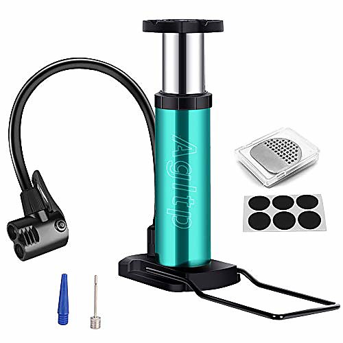 

bike pump, mini bike floor pump with glueless puncture kit, mountain, road bike tire pump, mini bicycle air pump compatible with presta and schrader valve and sports ball
