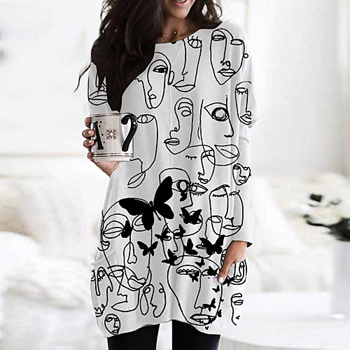 

Women's Shift Dress Short Mini Dress WhiteBlack Blue Long Sleeve Color Block Geometric Print Fall Spring Round Neck Casual 2021 S M L XL XXL 3XL