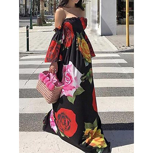 

Women's Swing Dress Maxi long Dress White Black Long Sleeve Floral Color Block Summer Strapless Elegant 2021 S M L XL XXL