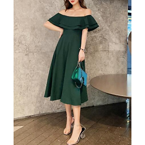 

A-Line Minimalist Elegant Homecoming Cocktail Party Dress Off Shoulder Half Sleeve Tea Length Satin with Pleats Ruffles 2021