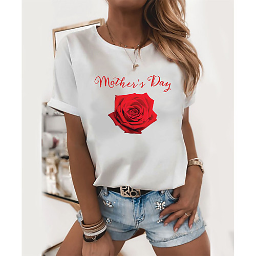 

Women's T shirt Graphic Floral Letter Print Round Neck Tops 100% Cotton Basic Basic Top White Black