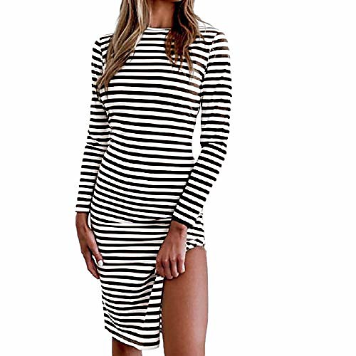 

Women's T Shirt Dress Tee Dress Knee Length Dress Black Brown Long Sleeve Striped Split Print Spring Summer Casual 2021 S M L XL