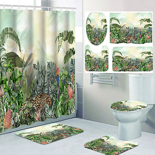 

All Kinds of Colorful Flowers and Digital Printing Waterproof Fabric Shower Curtains for Bathroom Home Decoration Curtains with Hooks Bathroom Four-piece Set