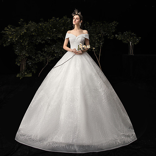 

Princess Ball Gown Wedding Dresses Off Shoulder Floor Length Tulle Sequined Short Sleeve Formal Romantic Luxurious Sparkle & Shine with Pleats 2021