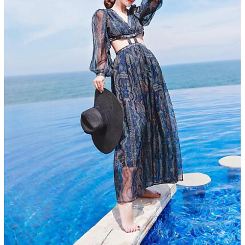 

A-Line Maxi Bohemian Holiday Party Wear Dress V Neck Long Sleeve Ankle Length Chiffon with Pleats Pattern / Print 2021
