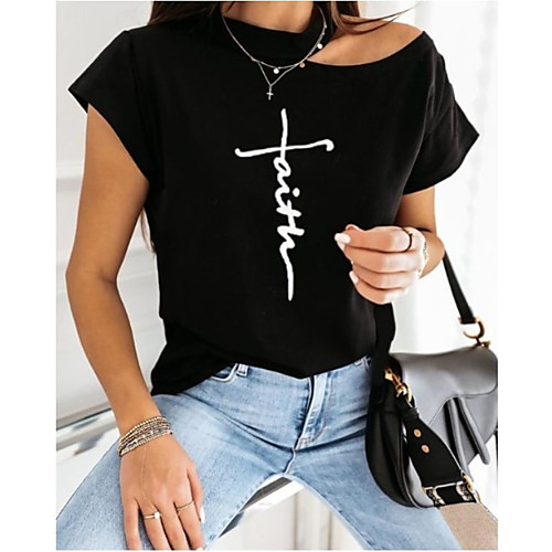 

Women's Faith T shirt Letter Round Neck Tops Basic Top White Black Blushing Pink