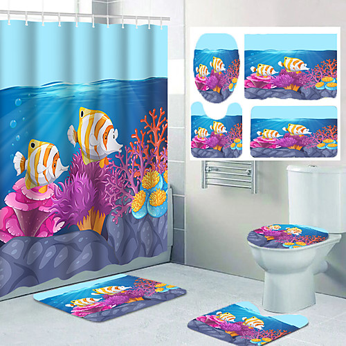 

Fish Sea Creature Comics Bathroom Waterproof Shower Curtain Leisure Toilet Floor Mat Four-piece Design