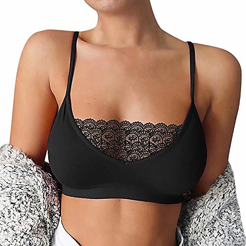 

women's cute lace trim bralette with convertible straps,wireless mesh bralette bra tank top underwear (black, s)
