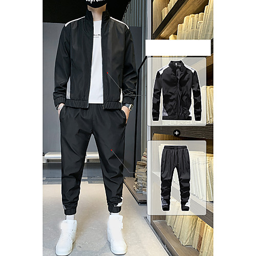 

Men's 2 Piece Jogging Suit Street Casual 2pcs Summer Long Sleeve Moisture Wicking Breathable Sweat Out Fitness Running Sportswear Normal Jacket White Black Front Zipper Activewear Inelastic
