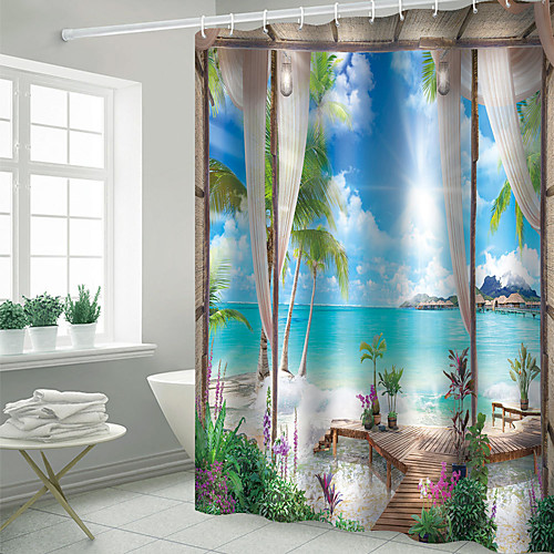 

Shower Curtains with Hooks Rustic Coconut Bay Scenery Polyester Novelty Fabric Waterproof Shower Curtain for Bathroom
