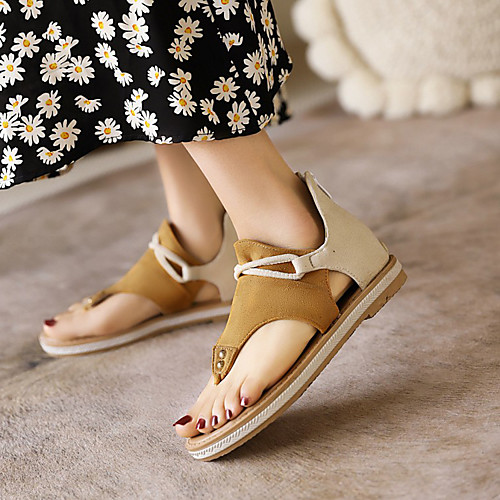 

Women's Sandals Boho Bohemia Beach Flat Heel Open Toe Nubuck Beading Color Block Dark Brown Yellow Pink