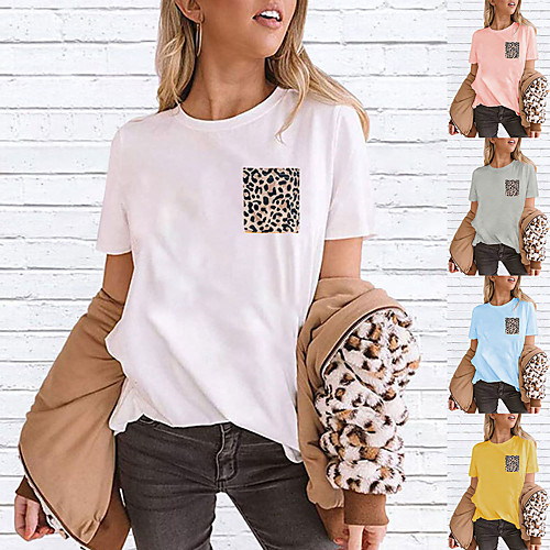 

Women's Tee / T-shirt Pure Color Crew Neck Cotton Leopard Sport Athleisure T Shirt Top Short Sleeves Breathable Soft Comfortable Everyday Use Street Casual Daily Outdoor