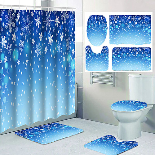 

Snowflake Bathroom Waterproof Shower Curtain Leisure Toilet Floor Mat Four-piece Design