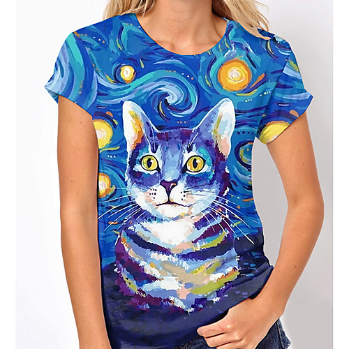 

Women's T shirt Cat Graphic 3D Print Round Neck Tops Basic Basic Top Blue