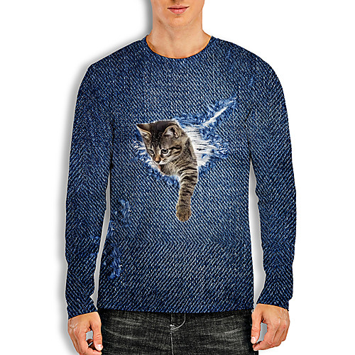 

Men's Tees T shirt 3D Print Cat Graphic Prints Animal Print Long Sleeve Daily Tops Basic Casual Blue