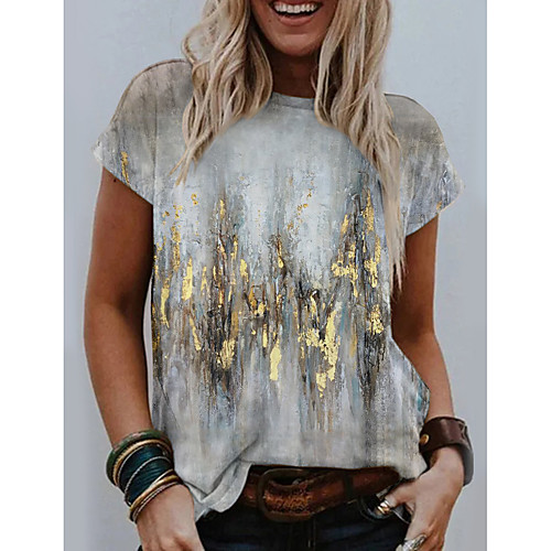 

Women's Abstract Geometric Painting T shirt Floral Graphic Print Round Neck Basic Tops Yellow Khaki Gray