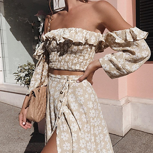 

Women's Streetwear Floral Date Going out Two Piece Set Crop Top Blouse Skirt Drawstring Ruffle Print Tops