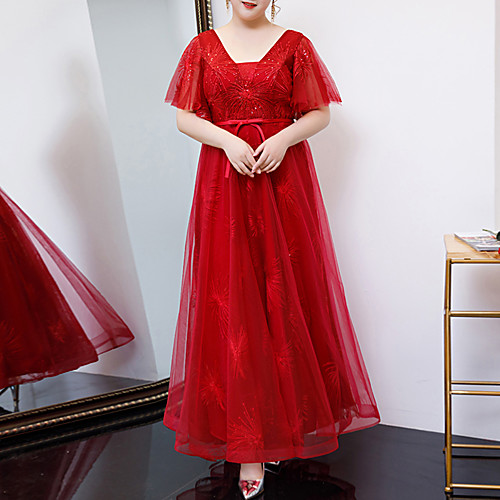 

A-Line Glittering Plus Size Engagement Prom Dress V Neck Half Sleeve Ankle Length Tulle with Bow(s) 2021