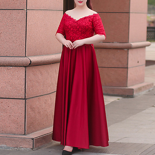 

A-Line Plus Size Elegant Engagement Prom Dress V Neck Half Sleeve Floor Length Lace Satin with Bow(s) 2021