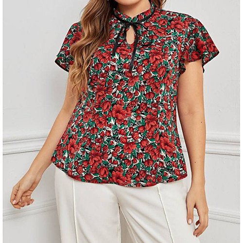 

Women's Plus Size Print Floral Shirt Large Size Standing Collar Short Sleeve Vintage Tops L XL XXL Red Big Size / Chiffon
