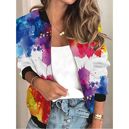 

Women's Color Block Patchwork 3D Print Spring & Fall Jacket Regular Going out Long Sleeve Rayon Coat Tops Rainbow