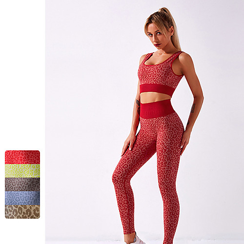 

Women's 2pcs Yoga Suit Winter Leopard Dark Grey Yellow Red Nylon Yoga Fitness Running Sports Bra Tights Clothing Suit Sport Activewear Tummy Control Butt Lift Breathable Quick Dry Moisture Wicking