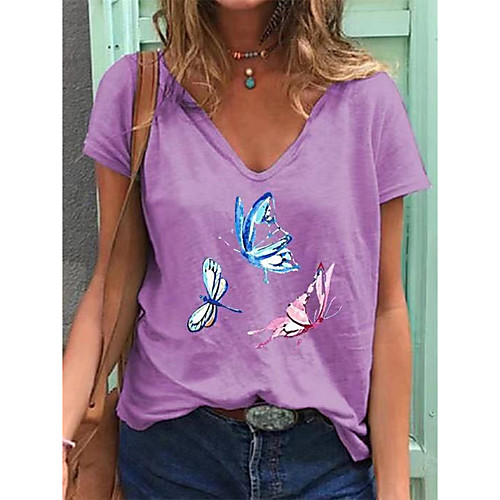 

Women's T shirt Butterfly Print V Neck Tops Cotton Basic Basic Top White Blue Purple