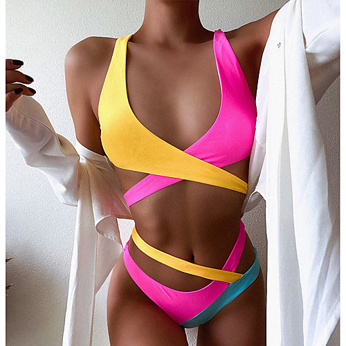 

Women's Bikini Swimsuit Lace up Color Block Yellow Swimwear Padded Bathing Suits Sexy