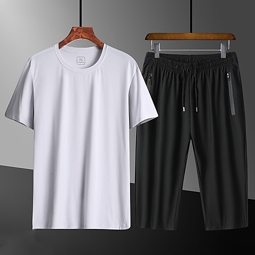 

Men's 2 Piece Zipper Pocket Tracksuit Casual Athleisure 2pcs Summer Short Sleeve High Waist Nylon Thermal Warm Moisture Wicking Breathable Fitness Gym Workout Running Jogging Training Sportswear