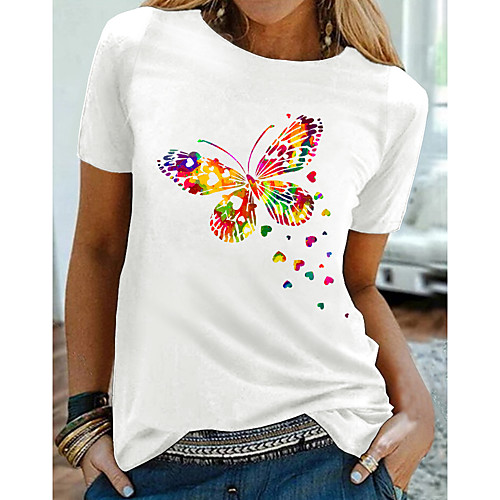 

Women's T shirt Graphic Butterfly Print Round Neck Tops 100% Cotton Basic Basic Top White Black