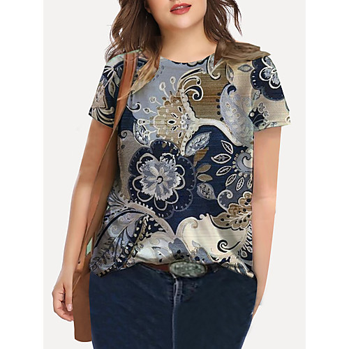 

Women's Plus Size Print Graphic Tribal Floral T shirt Large Size Crewneck Short Sleeve Basic Tops XL XXL 3XL Gray Big Size