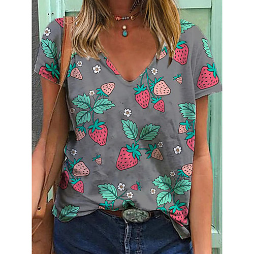 

Women's T shirt Fruit Print V Neck Tops Cotton Basic Basic Top Gray