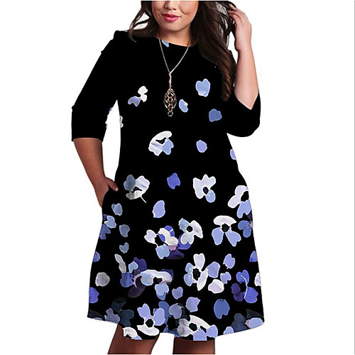 

Women's Plus Size Print Color Block Floral Print Casual 3/4 Length Sleeve Fall Knee Length Dress Shift Dress Blue