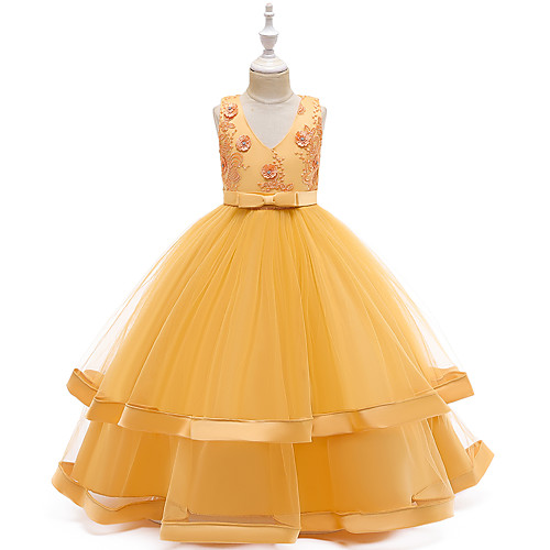 

Ball Gown Floor Length Wedding / Event / Party Flower Girl Dresses - Tulle / Polyester Sleeveless V Neck with Bow(s) / Tier / Embroidery