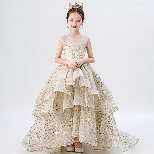 

Princess Sweep / Brush Train Party / Formal Evening Flower Girl Dresses - Tulle Sleeveless Jewel Neck with Tier / Appliques / Paillette