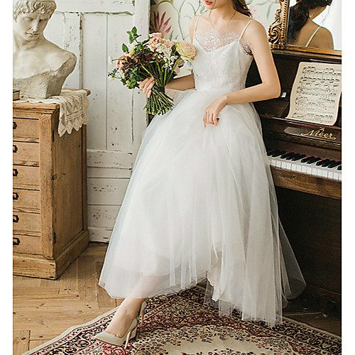 

Princess A-Line Wedding Dresses Spaghetti Strap Detachable Lace Tulle Sleeveless Vintage with Appliques 2021