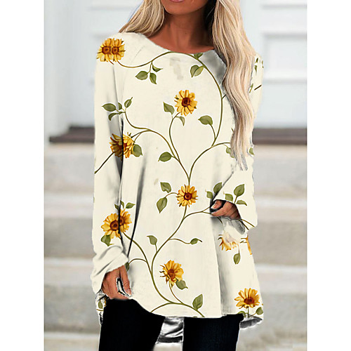 

Women's T Shirt Dress Tee Dress Short Mini Dress White Beige Long Sleeve Floral Print Spring Summer Round Neck Casual 2021 S M L XL XXL 3XL