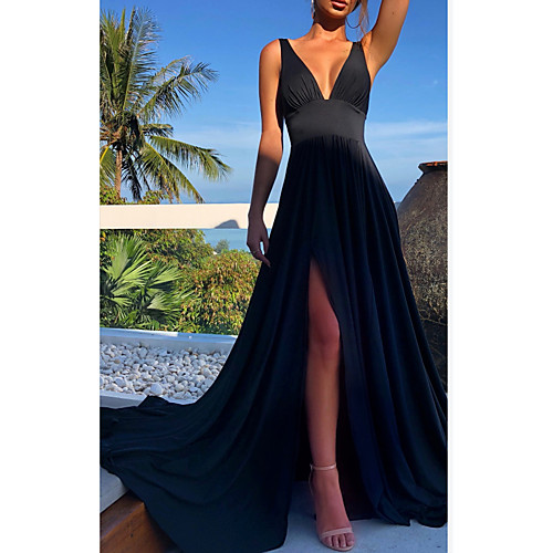 

A-Line V Neck Floor Length Spandex Bridesmaid Dress with Split Front