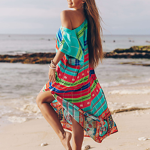 

Women's Basic Boho Cover-Up Swimsuit Striped Normal Swimwear Bathing Suits Blue